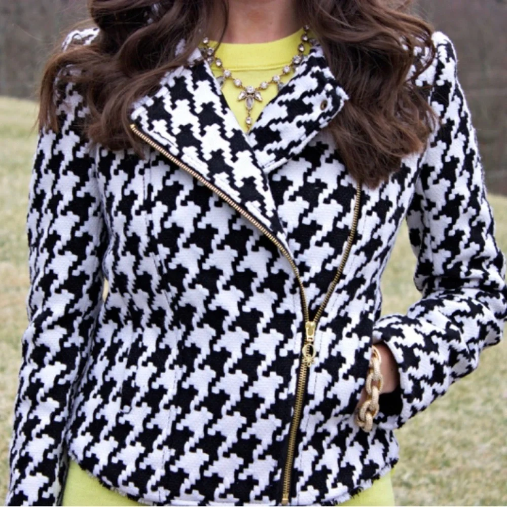 Q Mack Herringbone Blazer Black & White Jacket Asymmetrical Gold Zip Size M - Picture 3 of 14